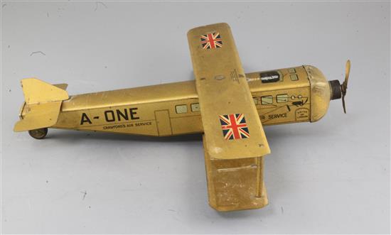 A William Crawford & Sons Ltd tinplate Crawfords Air Service Aeroplane biscuit tin, 15in.
